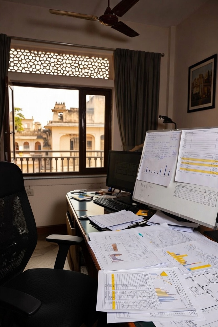 Architect discussing budget estimation with cost charts and plans